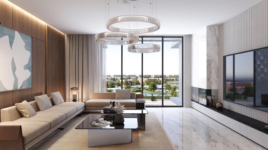 Modern apartment blocks arranged around landscaped areas